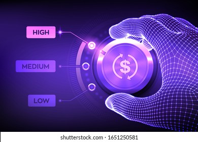 ROI levels knob button. Finance concept illustration of profitability or return on investment. Wireframe hand setting ROI button on highest position. Profit income strategy. Vector illustration.