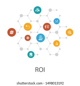 ROI presentation template, cover layout and infographics investment, return, marketing, icons