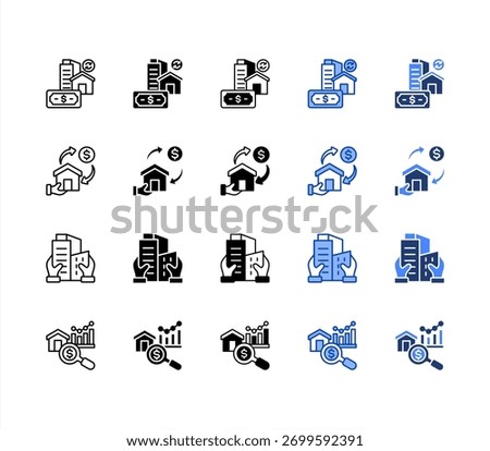 ROI, Refinance, Property, Market analysis multiple style icon set.