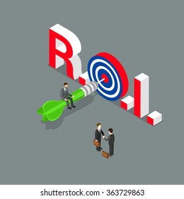 ROI Return of Investment flat 3d isometry isometric business concept web vector illustration. R O I letters dart in aim. Creative people collection.