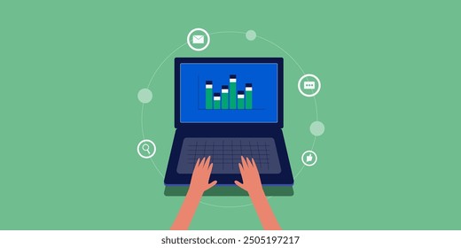 ROI - return on investment analytics report, Analytics software analyzing business, financial and marketing data. Data analyst working on laptop - vector illustration background with icons