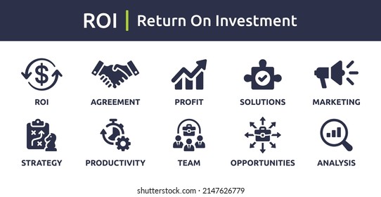 ROI, Return on investment, Business and financial icon set isolated on white background.