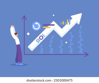 ROI or Return on Investment concept. The profit from investment results continues to increase. Illustration of an investor or businessman who is happy because he gets profit from investment. Flat