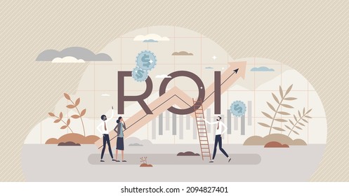 ROI or return on investment as financial business profit tiny person concept. Corporate shares report with economical benefits or market value measurement vector illustration. Annual performance graph