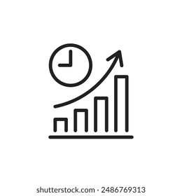 ROI return on investment linear icon, finance productivity concept, growing bar chart and clock, time is money, isolated linear vector illustration