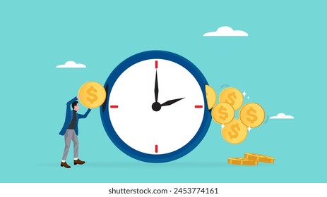 ROI, return on investment or long term investment success, increase in dividends or returns from the costs that have been invested, businessman invests money into big watch to get return profit