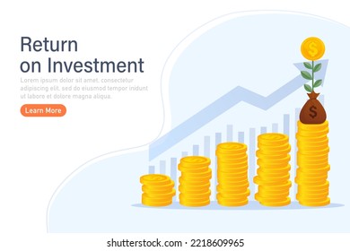 ROI, return on investment performance measure from cost invested and profit efficiency. Business growth arrows to success. Vector illustration