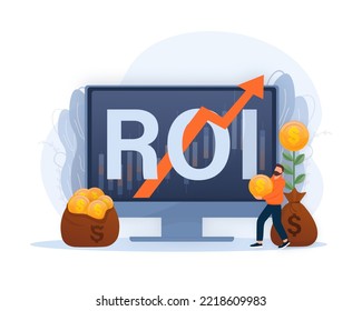 ROI, return on investment performance measure from cost invested and profit efficiency. Business growth arrows to success. Vector illustration
