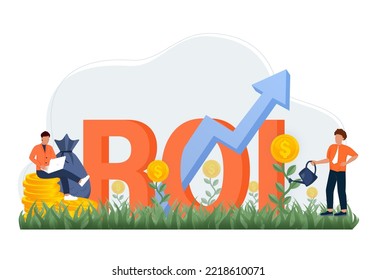 ROI, return on investment performance measure from cost invested and profit efficiency. Business growth arrows to success. Vector illustration
