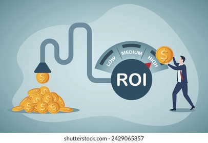 ROI, return on investment performance measure from cost invested and profit efficiency.High risky and high payback. Businessman invest money coin in ROI box to get return profit.