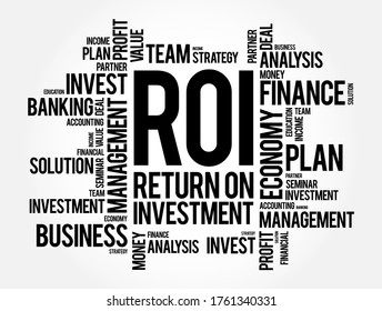 ROI Return On Investment - ratio between net income and investment costs resulting from an investment of some resources at a point in time, word cloud text concept background