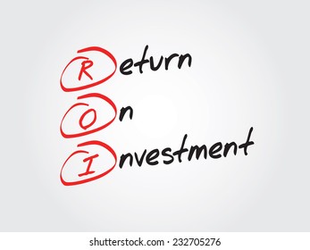 ROI Return On Investment - ratio between net income and investment costs resulting from an investment of some resources at a point in time, acronym text concept for presentations and reports