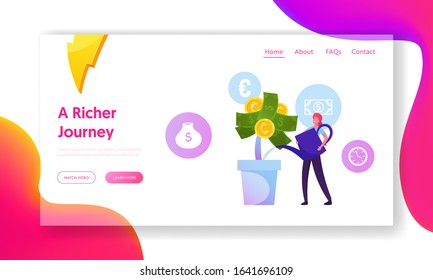 Roi, Return on Investment Website Landing Page. Businesswoman Watering Dollar Plant in Pot Grow Wealth Capital and Get Refund. Girl Care of Money Tree Web Page Banner. Cartoon Flat Vector Illustration