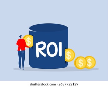 ROI, Save Investment,  return on investment performance measure from cost invested and profit efficiency Strategy and return on investment,businessman invest money coin in ROI box to get return profit
