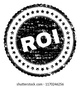 ROI seal print with corroded texture. Black vector rubber print of ROI title with unclean texture. Rubber seal imitation has circle shape and contains stars.