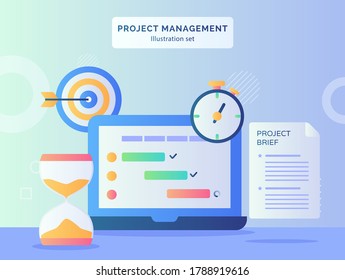 roject management illustration set program checklist on display monitor laptop nearby hourglass stopwatch project brief paper target goal with flat style