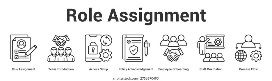 Role Assignment web banner icon set vector illustration concept for business with icon of Role Assignment, Team Introduction, Access Setup, Policy Acknowledgement, Employee Onboarding, Staff Orientati.