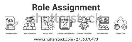 Role Assignment web banner icon set vector illustration concept for business with icon of Role Assignment, Team Introduction, Access Setup, Policy Acknowledgement, Employee Onboarding, Staff Orientati.