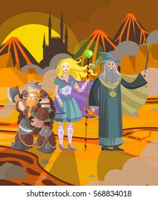 role characters magician elf wizard and dwarf in volcano wastelands  svg