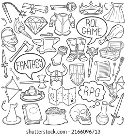 Role Doodle Icons. Hand Made Line Art. Fantasy Clipart Logotype Symbol Design.