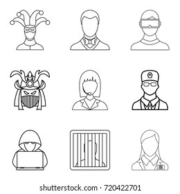 Role icons set. Outline set of 9 role vector icons for web isolated on white background