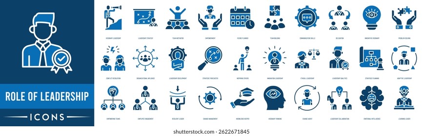 Role of Leadership icon set. Visionary Leadership, Leadership Strategy, Team Motivator, Empowerment, Future Planner and Team Building