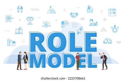 role model concept with big words and people surrounded by related icon spreading with modern blue color style