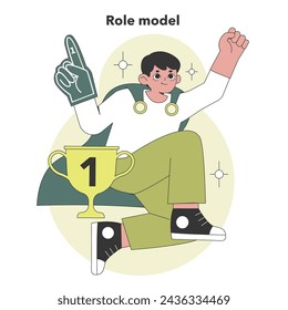 Personalidad de modelo a seguir presentada en Big Five. Una figura inspiradora que celebra el éxito y las cualidades de liderazgo. Ilustración vectorial plana.