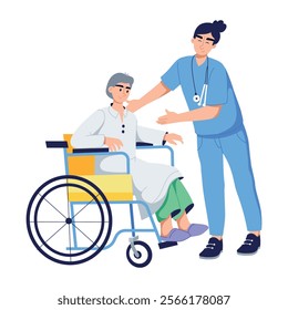 Role of nurse in handicapped patient care, flat illustration 