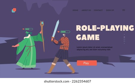 Role Playing Game Landing Page Template. Wizard and Fantasy Warrior Wearing Virtual Reality Headset Fighting while Playing Mmorpg Video Game in 3d Digital Cyberspace World. Cartoon Vector Illustration