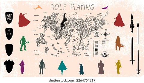 Role playing - hand written continent map and fantasy character figures