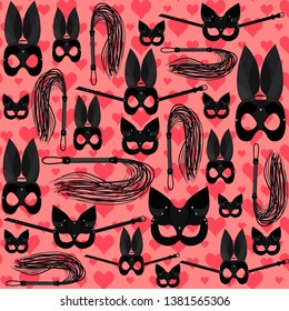 A role playing set background. A black lash, a cat mask and a bunny mask on a pink background with red hearts