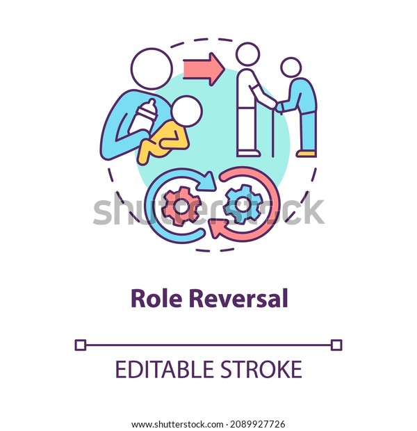 Role reversal concept icon. Exchange social\
position, function in community. Role transformation abstract idea\
thin line illustration. Vector isolated outline color drawing.\
Editable stroke