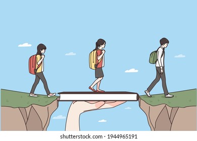 Role of teacher in education concept. Teacher hand holding book bridging gap in primary education for children passing by vector illustration 