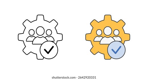 
Role-based access control (RBAC) icon with user groups, gear, and checklists, in outline and color styles, ideal for visualizing permission settings and access management in cloud systems.