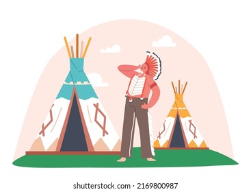 Roleplay Games for Kids, Summer Camp Activities and Historical Reenactment. Child Character Wear Aboriginal American Indian Warrior Clothes and Feathered Headwear. Cartoon People Vector Illustrarion