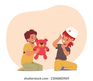 Personajes Infantiles Que Juegan Rol Participan En El Juego Médico, Examinan A Los Pacientes, Usan Herramientas Médicas Jugueales, Muestran Empatía Y Atención, Y Exploran El Campo Médico. Ilustración de vectores de personas de caricatura