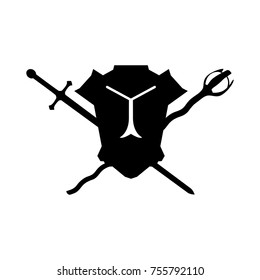 Role-playing game concept. Armor, sword and magical staff. Vector black-white flat icon