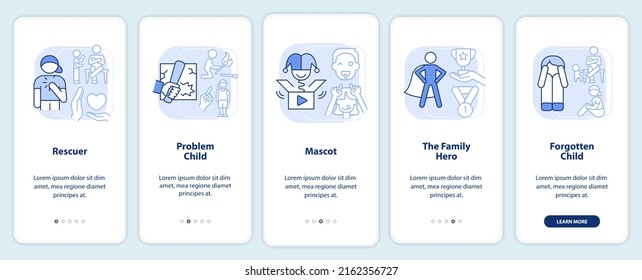 Roles en familias disfuncionales pantalla de aplicaciones móviles en color azul claro. Recorrido 5 pasos de páginas de instrucciones gráficas con conceptos lineales. UI, UX, plantilla GUI. Multitud de tipos de letra Pro-Bold, con uso regular