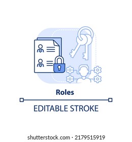 Icono de concepto de funciones azul claro. Ilustración de línea delgada de idea abstracta de capacidad de administración de identidades. Autorizaciones concedidas. Dibujo de contorno aislado. Trazo editable. Fuentes Arial, Myriad Pro-Bold utilizadas