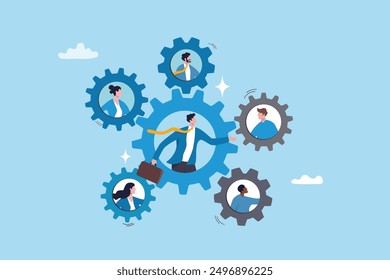 Roles and responsibilities, teamwork or resource management, work delegation, role definition or supervision, job position or organization concept, business man on gear cogwheels work with employees.