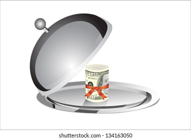 Roll of 100 dollars banknotes on the silver plate under the food cover isolated on white background