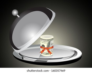 Roll of 100 dollars banknotes on the silver plate under the food cover 