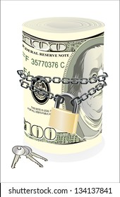 Roll of 100 dollars chained and locked isolated on white