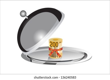 Roll of 200 euro banknotes on the silver plate under the food cover isolated on white background