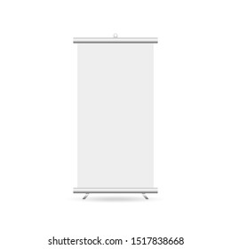 Roll up 3d ad banner on white background. Blank roll up banner stand. Mock up, template. Empty advertising poster. Presentation template design. Product advertising. EPS 10