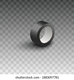 Roll Of Adhesive Sticky Black Scotch Or Insulation Tape Template, Realistic Vector Illustration Isolated On Transparent Background. Packaging Or Repair Material Mockup.