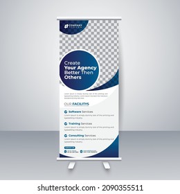 Roll up advertising stand template design. vertical signboard x-banner, flag banner. info graphics, layout background