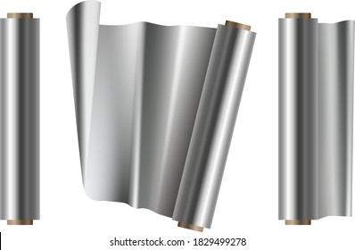 Roll of alluminium foil vector design illustration isolated on white background. Opened and closed view.