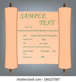 Roll of ancient paper with the text of the restaurant menu. 